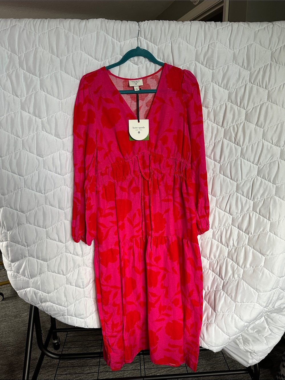 kate spade Pink and Red Floral V-Neck Tiered Midi Dress